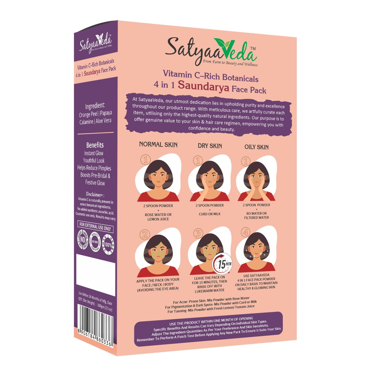 SatyaaVeda Vitamin C 4-in-1 Saundarya Face Pack | Instant Glow, De-Tan, Cleanse, Mask & Post-Makeup Care | Pre-Bridal Brightening | Orange Peel, Papaya & Aloe Vera | No Parabens, Sulphates & Silicones | 100g