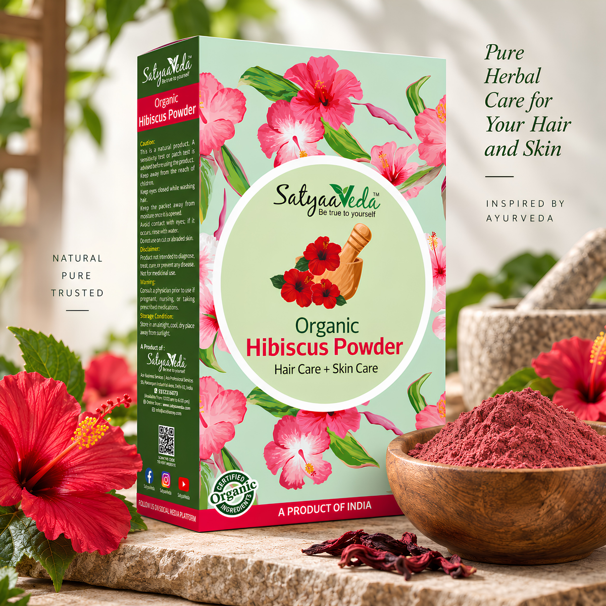 SatyaaVeda Organic Hibiscus Powder | Gudhal Ka Phool For Fuller-Looking Hair & Healthy-Looking Skin | No Chemicals & Preservatives | 100g