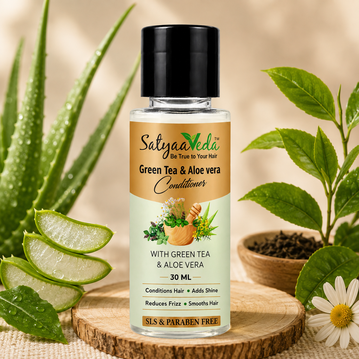 SatyaaVeda Green Tea & Aloe Vera Conditioner | Anti-Frizz & Hair Smoothing | 30 ml