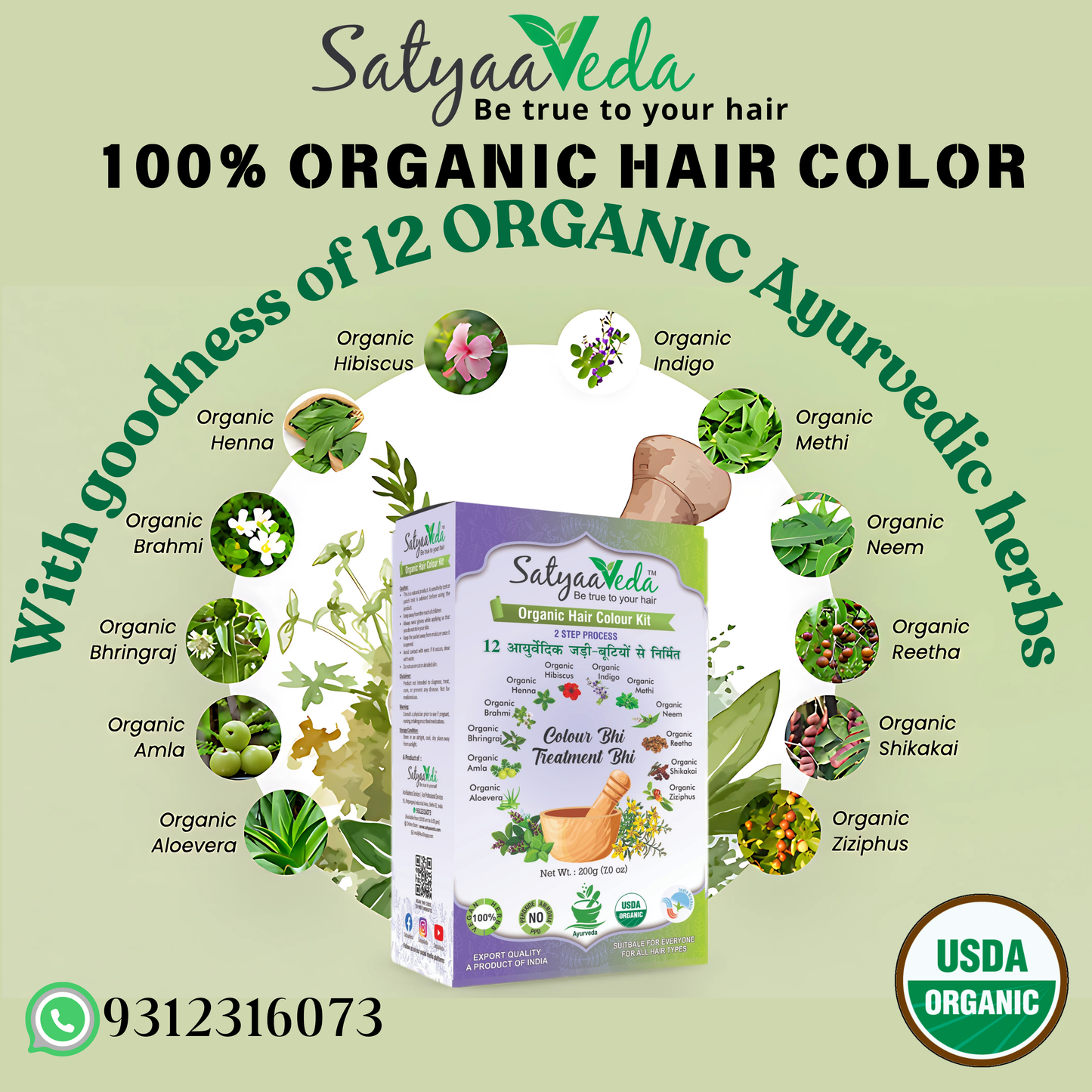 SatyaaVeda Organic 2-Step Hair Colour Kit | 12 Ayurvedic Herbs | Safe & Gentle Hair Colouring | 200g
