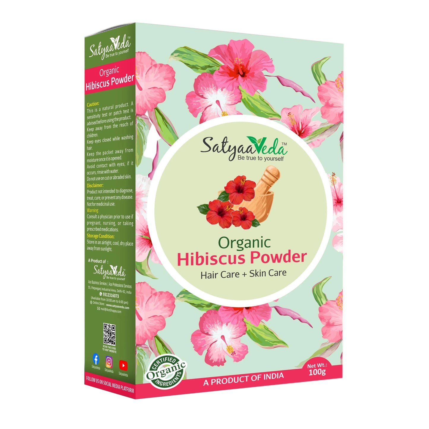 SatyaaVeda Organic Hibiscus Powder | Gudhal Ka Phool For Fuller-Looking Hair & Healthy-Looking Skin | No Chemicals & Preservatives | 100g