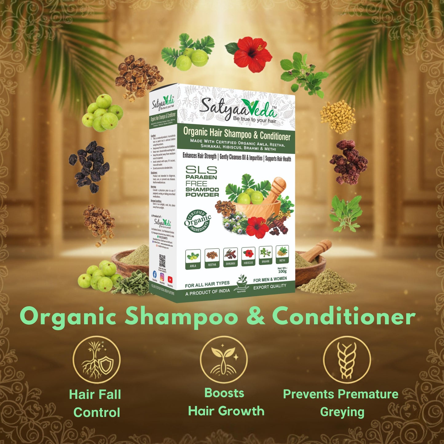 SatyaaVeda Organic Herbal Shampoo & Conditioner Powder – 100g