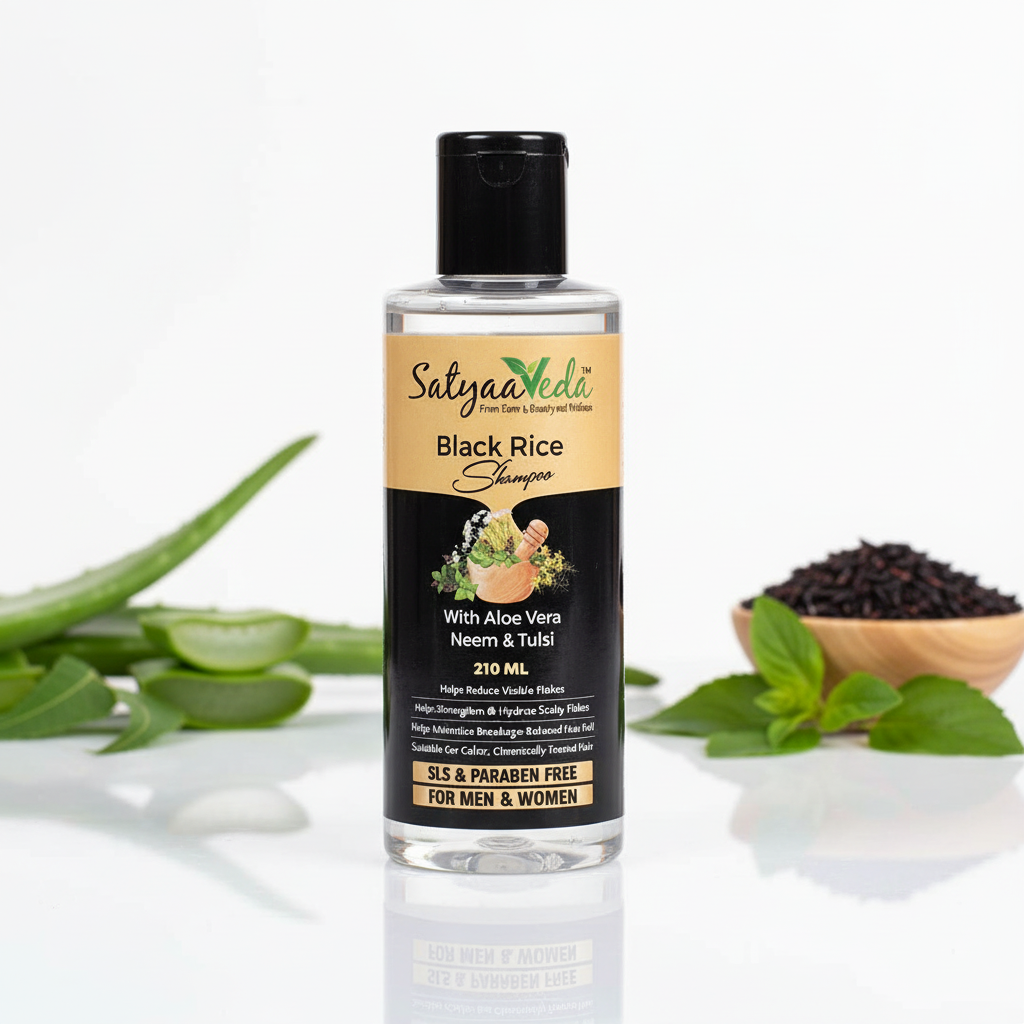 SatyaaVeda Black Rice Shampoo for Hair Fall Control & Anti Dandruff with Aloe Vera, Neem & Tulsi | Antioxidant Rich | SLS & Paraben Free | For Men & Women | 210 ml