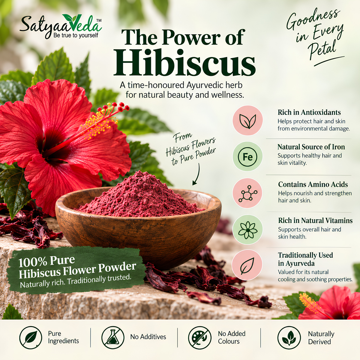 SatyaaVeda Organic Hibiscus Powder | Gudhal Ka Phool For Fuller-Looking Hair & Healthy-Looking Skin | No Chemicals & Preservatives | 100g