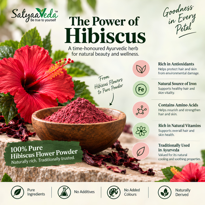 SatyaaVeda Organic Hibiscus Powder | Gudhal Ka Phool For Fuller-Looking Hair & Healthy-Looking Skin | No Chemicals & Preservatives | 100g