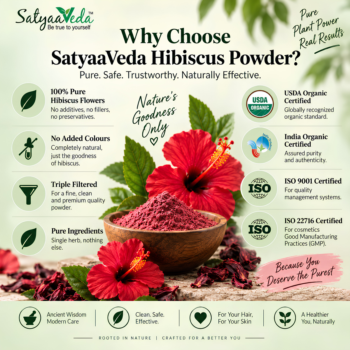 SatyaaVeda Organic Hibiscus Powder | Gudhal Ka Phool For Fuller-Looking Hair & Healthy-Looking Skin | No Chemicals & Preservatives | 100g