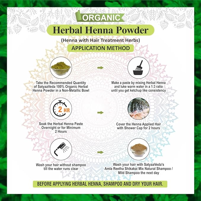 SatyaaVeda Organic Herbal Henna Powder | 100% Natural Mehendi for Hair Conditioning & Shine | Chemical Free