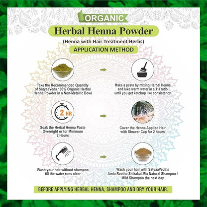 SatyaaVeda Organic Herbal Henna Powder | 100% Natural Mehendi for Hair Conditioning & Shine | Chemical Free