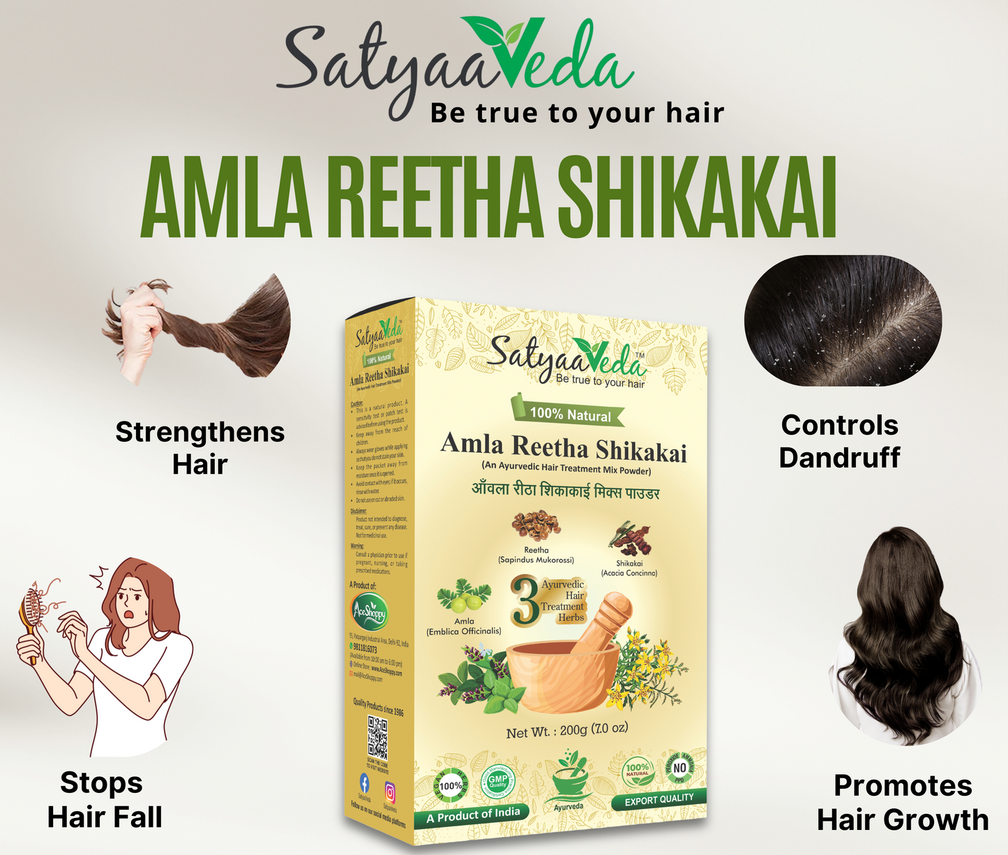 SatyaaVeda Amla Reetha Shikakai Powder for Hair Fall Control (200g)