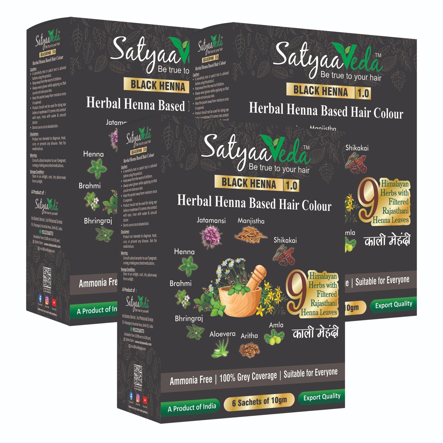 SatyaaVeda Herbal Black Hair Colour | Henna-Based Ammonia-Free 60g
