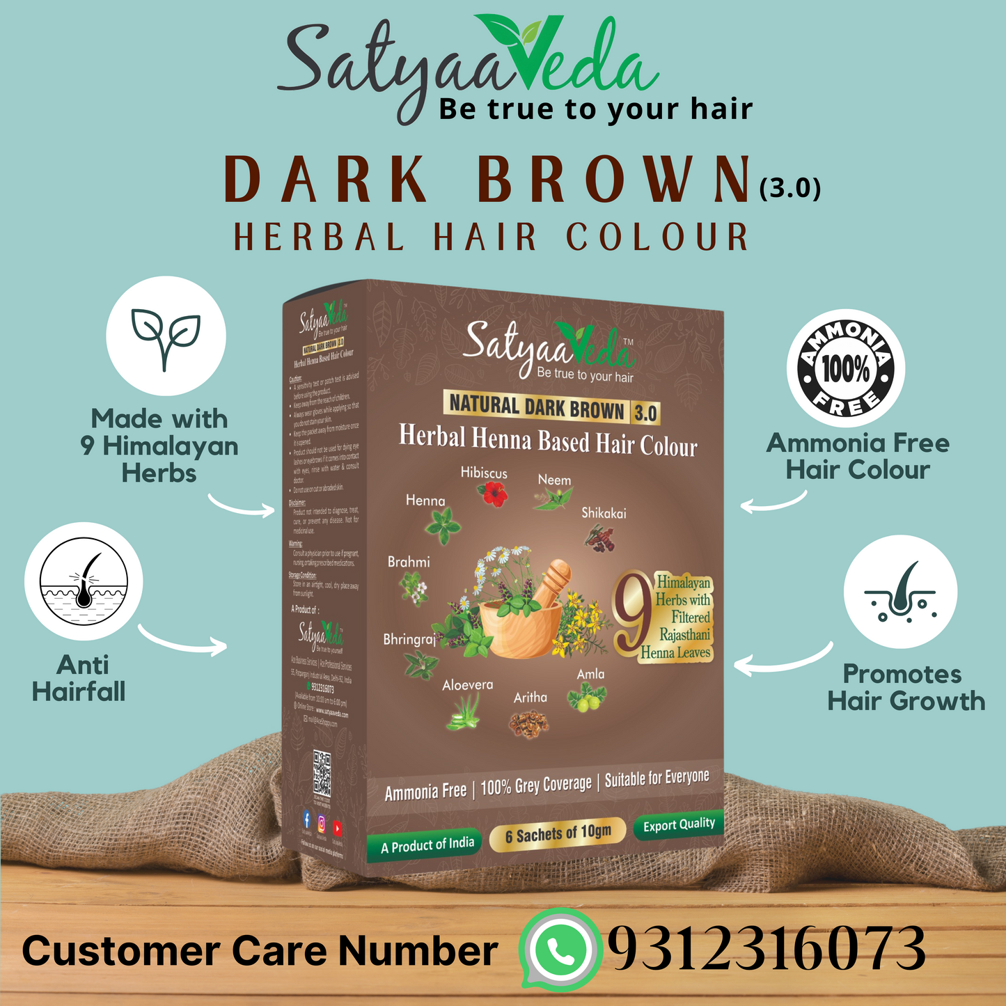 SatyaaVeda Herbal Dark Brown Hair Colour | Ammonia-Free | 60g