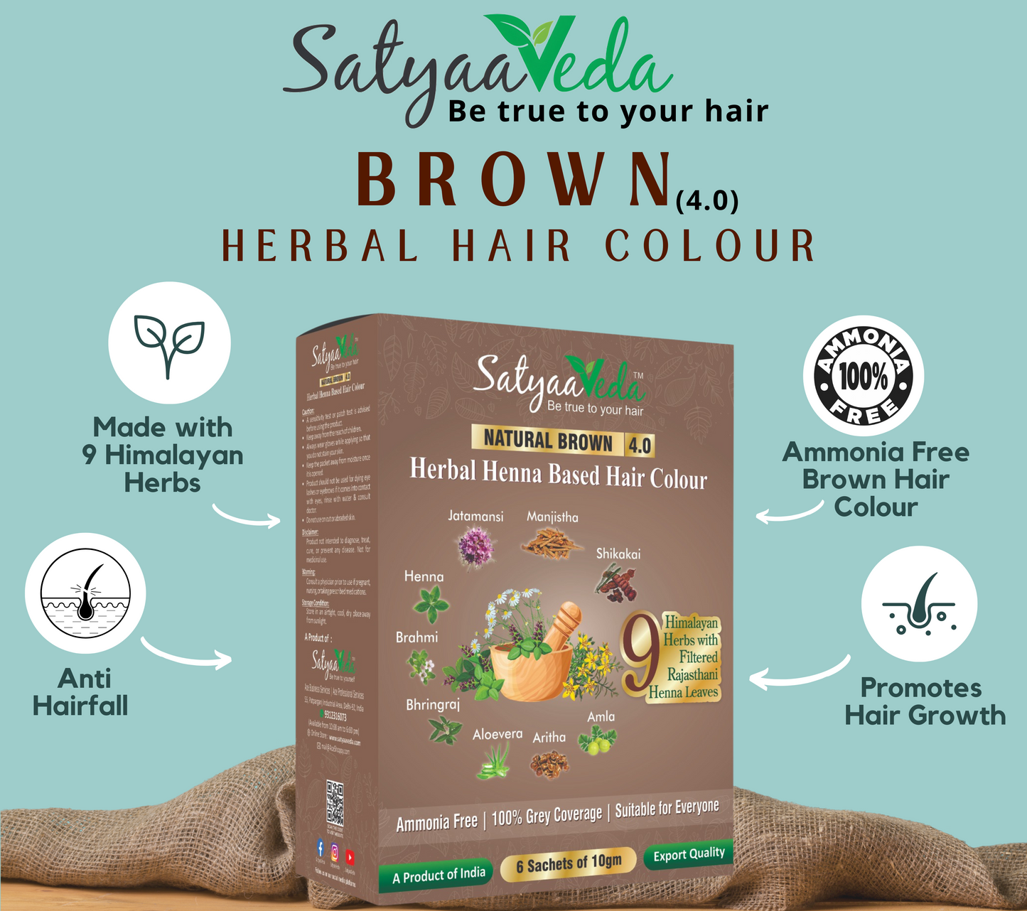 SatyaaVeda Herbal Brown Hair Colour | Ammonia-Free | 60g