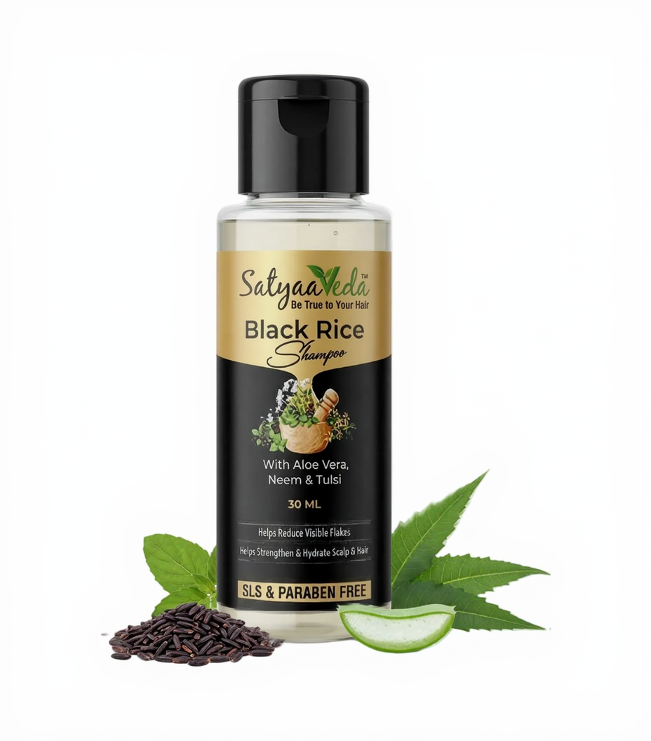 Black Rice Shampoo bottle with ingredients and benefits on a white background