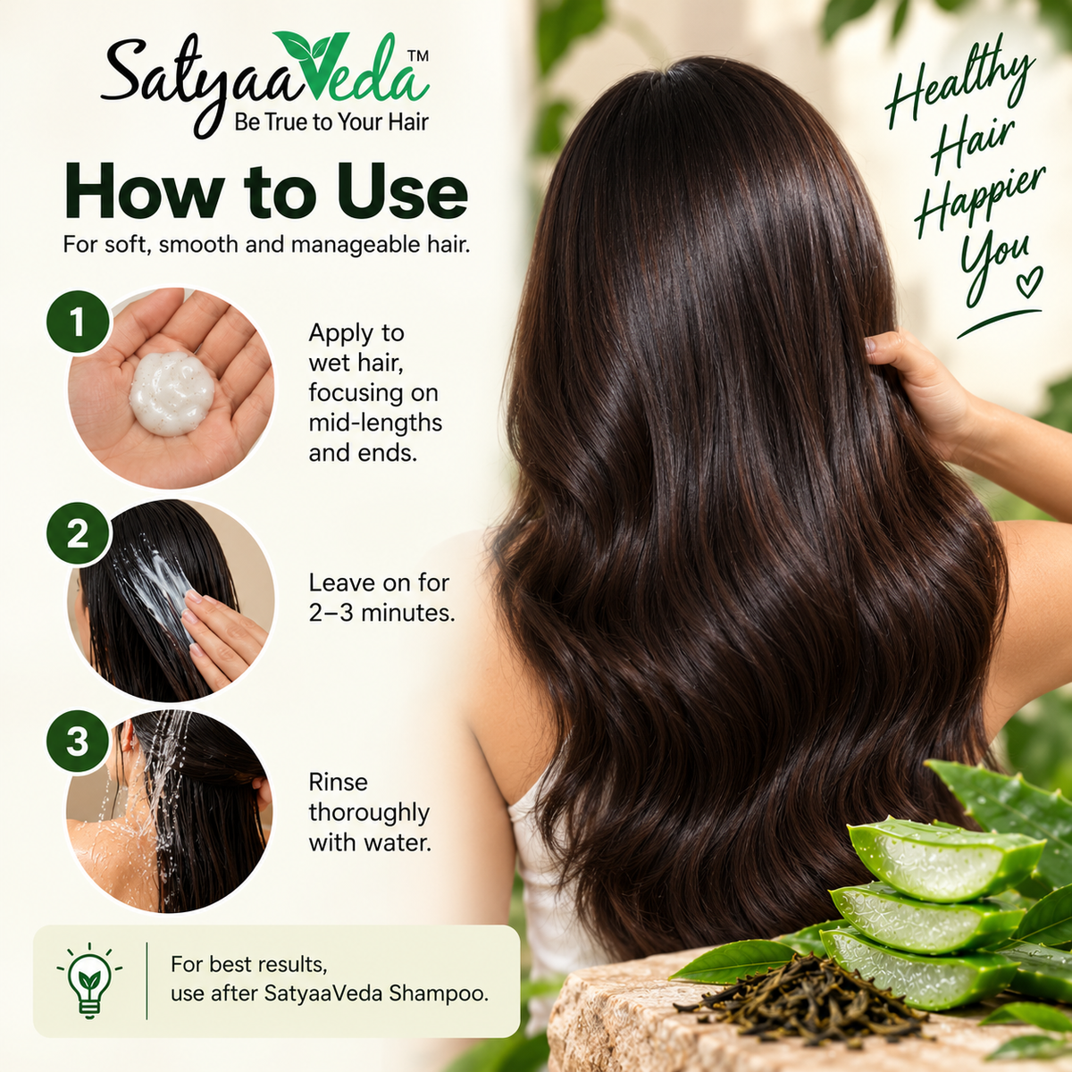 SatyaaVeda Green Tea & Aloe Vera Hair Conditioner | Frizz Control & Shine | 210 ml