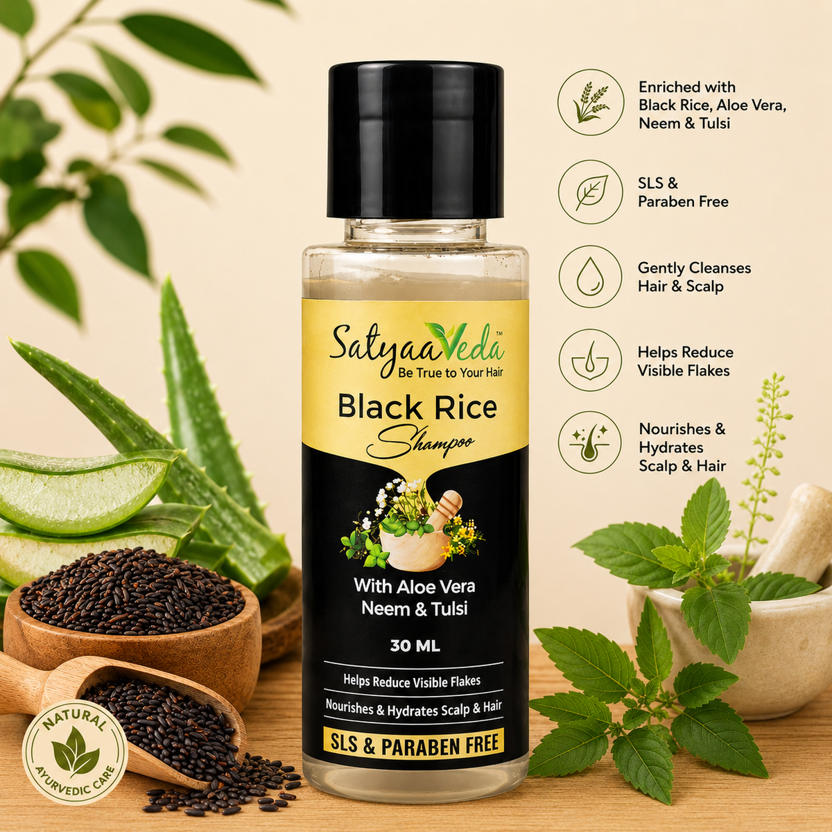 SatyaaVeda Natural Hair Colour Kit – Ammonia Free Herbal Hair Colour with 9 Ayurvedic Herbs (60g), 30ml Trial Packs - SLS & Paraben Free Black Rice, Aloe Vera, Neem & Tulsi Shampoo and Silicone & Sulphate Free Green Tea & Aloe Vera Conditioner