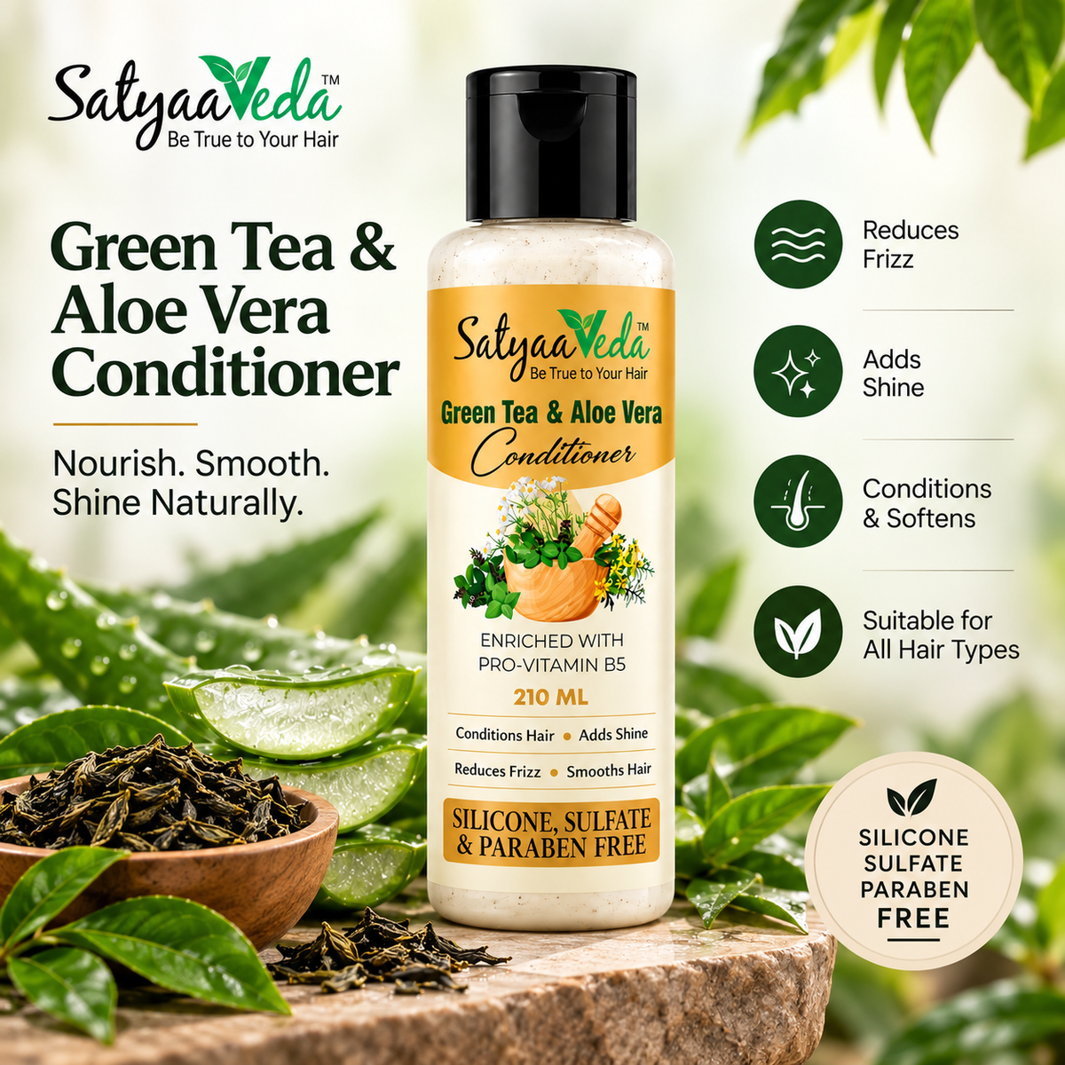 SatyaaVeda Green Tea & Aloe Vera Hair Conditioner | Frizz Control & Shine | 210 ml