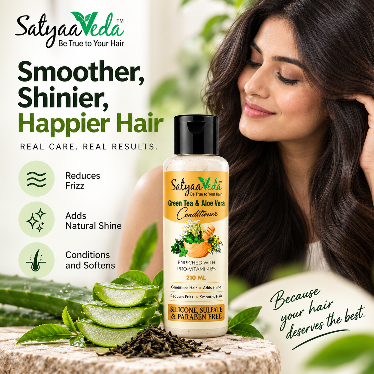 SatyaaVeda Green Tea & Aloe Vera Hair Conditioner | Frizz Control & Shine | 210 ml