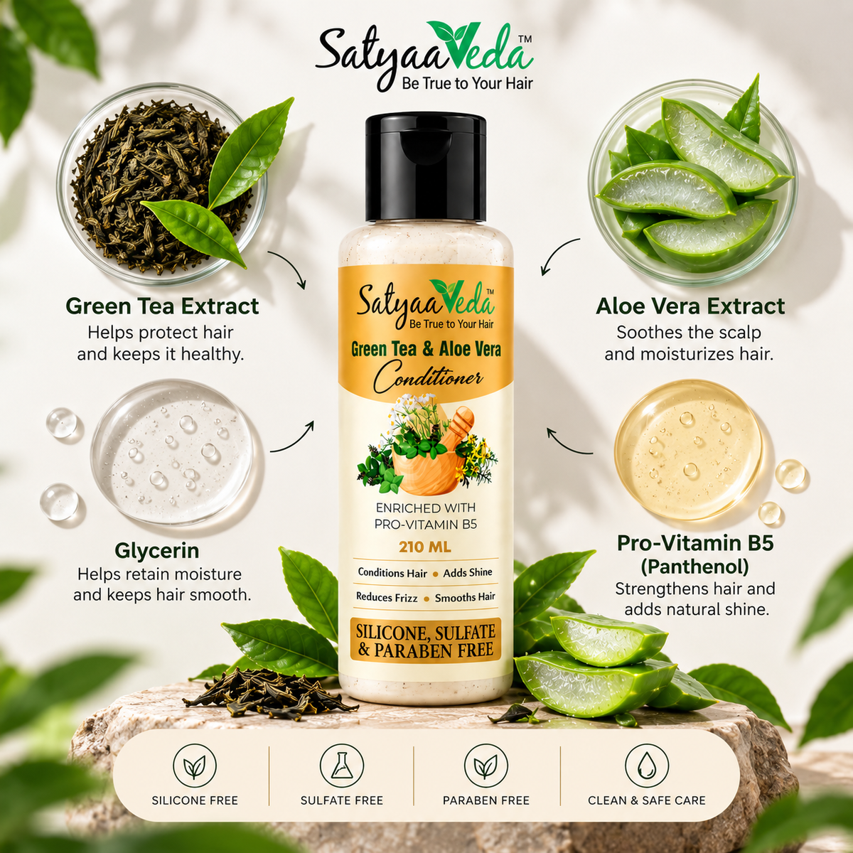 SatyaaVeda Green Tea & Aloe Vera Hair Conditioner | Frizz Control & Shine | 210 ml