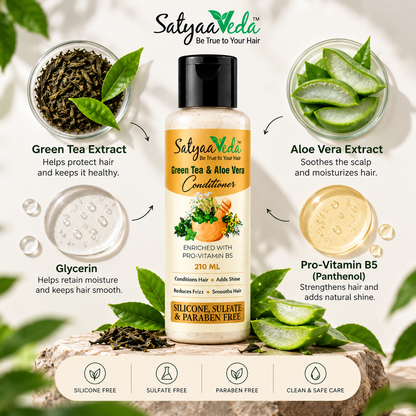 SatyaaVeda Green Tea & Aloe Vera Hair Conditioner | Frizz Control & Shine | 210 ml