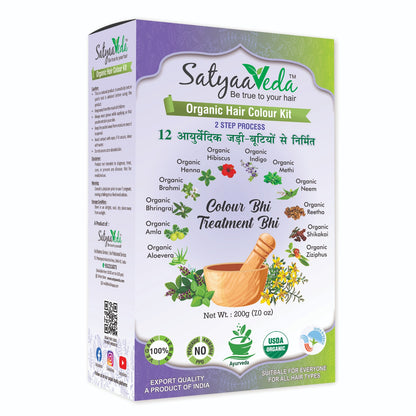 SatyaaVeda Organic 2-Step Hair Colour Kit | 12 Ayurvedic Herbs | Safe & Gentle Hair Colouring | 200g