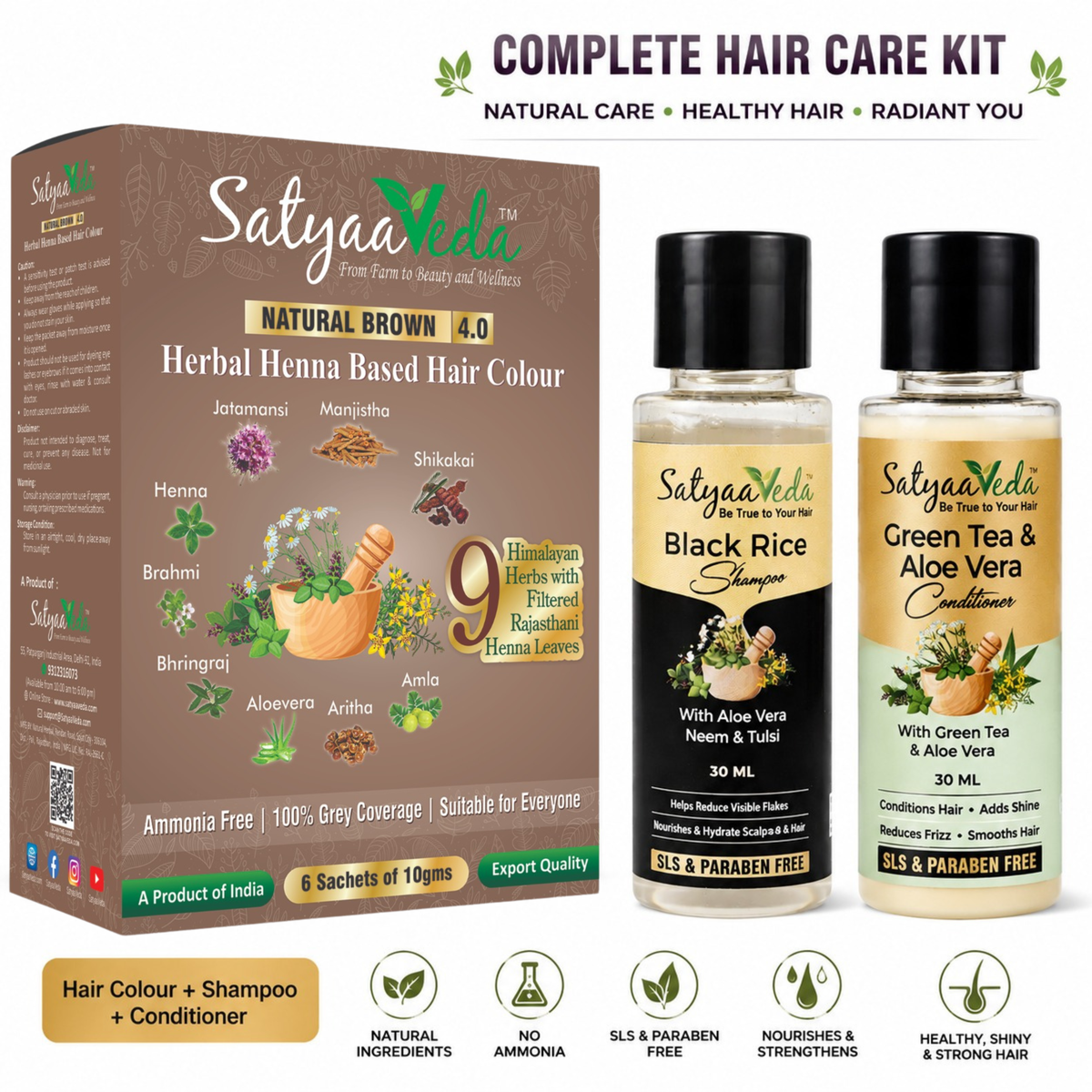 SatyaaVeda Natural Hair Colour Kit – Ammonia Free Herbal Hair Colour with 9 Ayurvedic Herbs (60g), 30ml Trial Packs - SLS & Paraben Free Black Rice, Aloe Vera, Neem & Tulsi Shampoo and Silicone & Sulphate Free Green Tea & Aloe Vera Conditioner