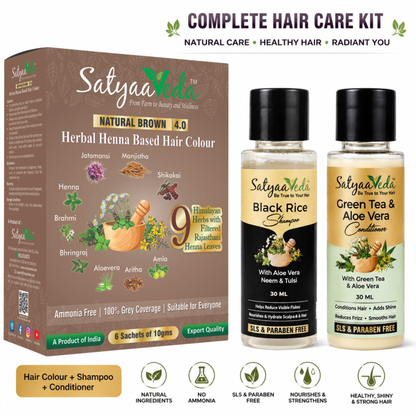 SatyaaVeda Natural Hair Colour Kit – Ammonia Free Herbal Hair Colour with 9 Ayurvedic Herbs (60g), 30ml Trial Packs - SLS & Paraben Free Black Rice, Aloe Vera, Neem & Tulsi Shampoo and Silicone & Sulphate Free Green Tea & Aloe Vera Conditioner