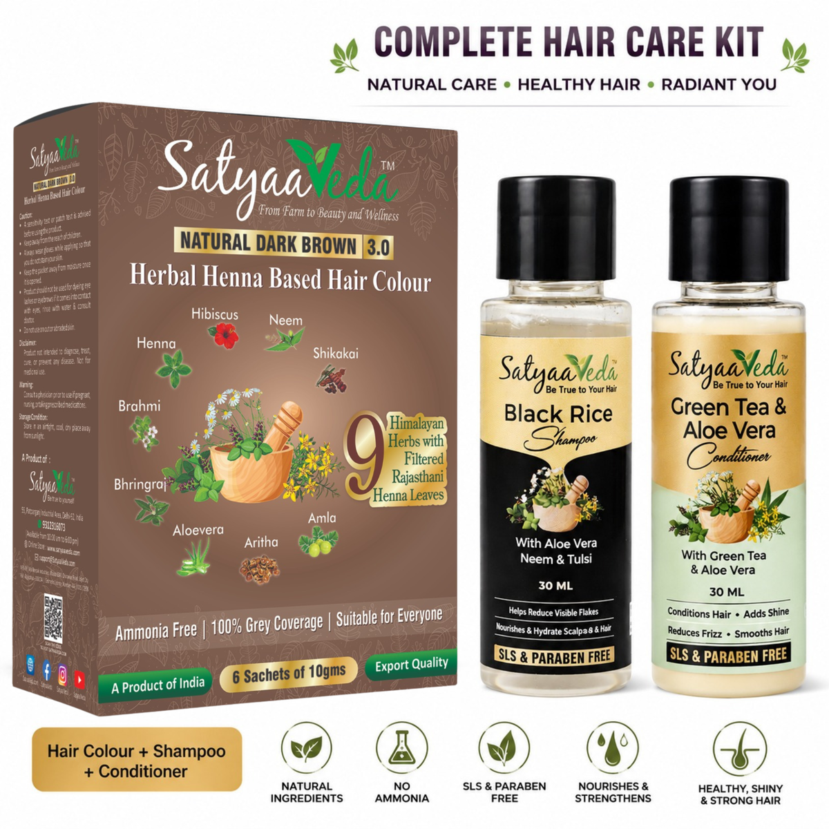 SatyaaVeda Natural Hair Colour Kit – Ammonia Free Herbal Hair Colour with 9 Ayurvedic Herbs (60g), 30ml Trial Packs - SLS & Paraben Free Black Rice, Aloe Vera, Neem & Tulsi Shampoo and Silicone & Sulphate Free Green Tea & Aloe Vera Conditioner