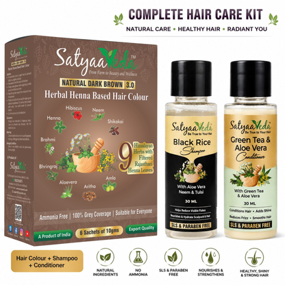 SatyaaVeda Natural Hair Colour Kit – Ammonia Free Herbal Hair Colour with 9 Ayurvedic Herbs (60g), 30ml Trial Packs - SLS & Paraben Free Black Rice, Aloe Vera, Neem & Tulsi Shampoo and Silicone & Sulphate Free Green Tea & Aloe Vera Conditioner