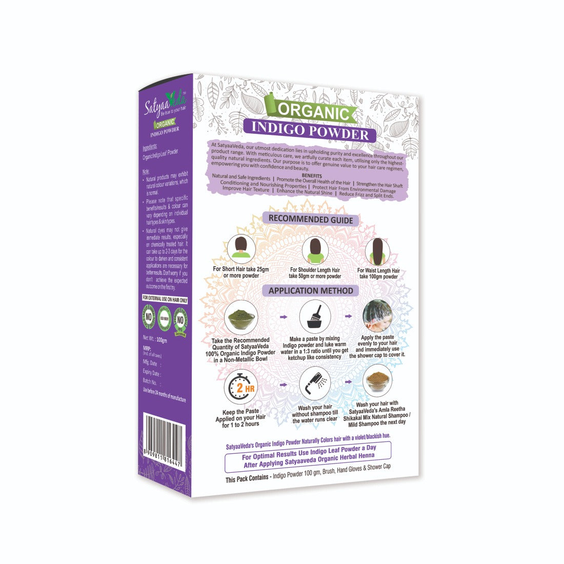 SatyaaVeda 100% Organic Indigo Hair Colour | Plant-Based, PPD-Free, Safe & Gentle Formula | 100g