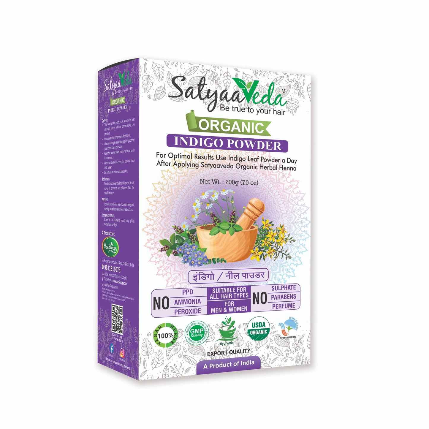 SatyaaVeda 100% Organic Indigo Hair Colour | Plant-Based, PPD-Free, Safe & Gentle Formula | 100g