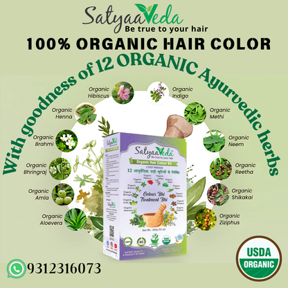 SatyaaVeda Organic 2-Step Hair Colour Kit | 12 Ayurvedic Herbs | Safe & Gentle Hair Colouring | 200g