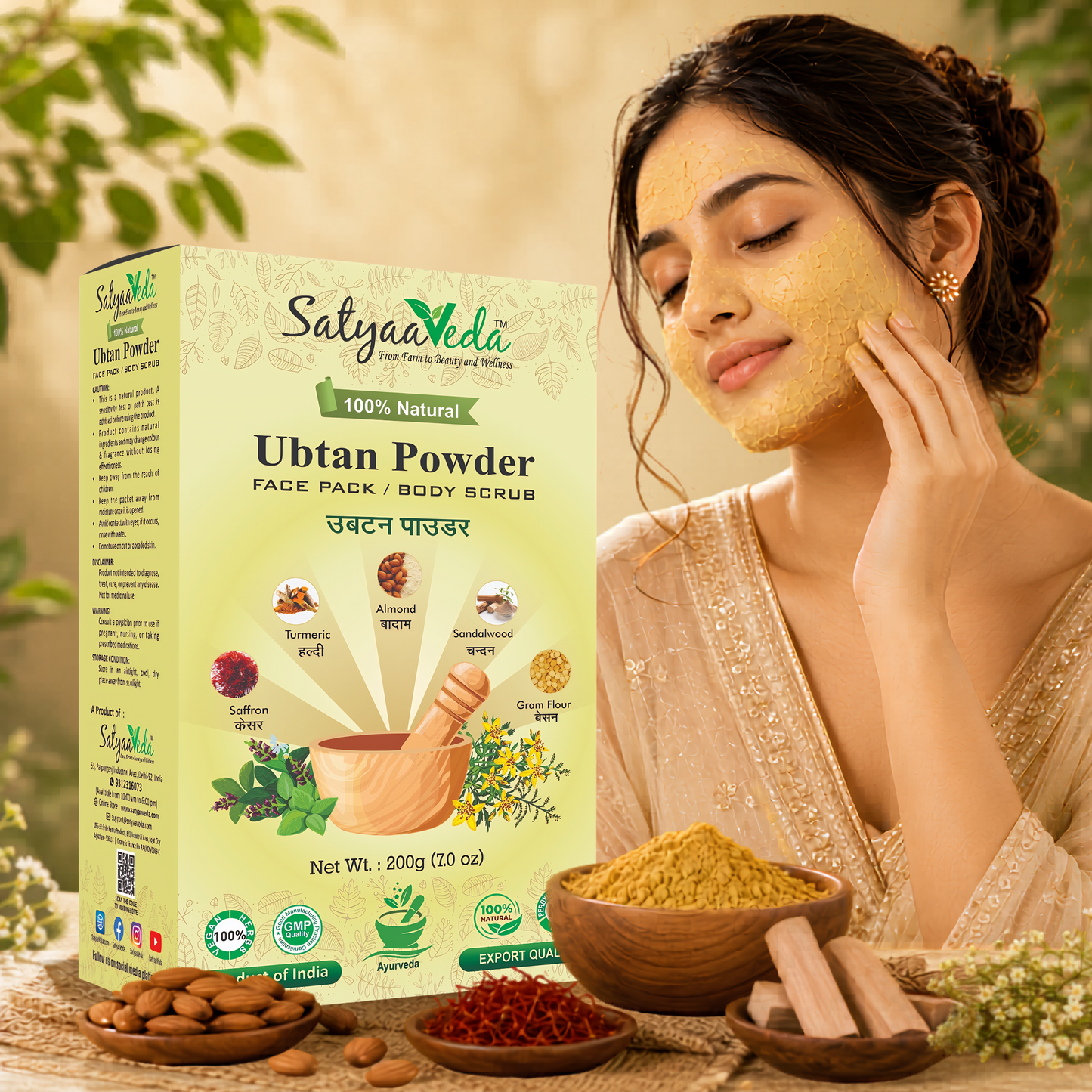 SatyaaVeda Ubtan Face Pack / Body Scrub  | De-Tan, Anti-Acne, Dark Spots Lightening, Instant Face Glow | Chemical-Free Natural Ayurvedic 200g
