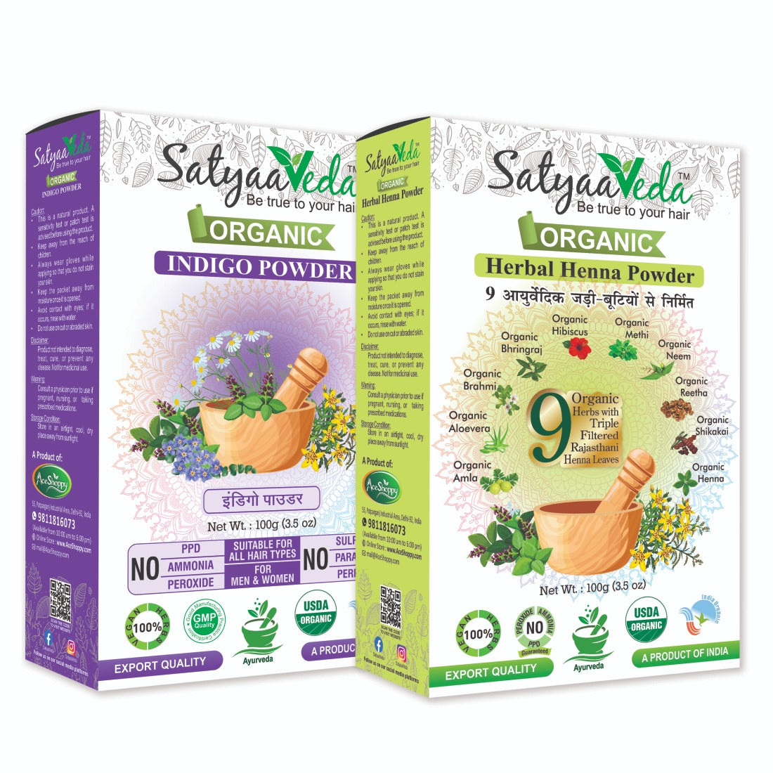 SatyaaVeda Organic Herbal Henna & Indigo Combo for Hair Colour & Care 100g (Pack of 2)