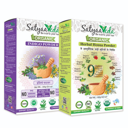 SatyaaVeda Organic Herbal Henna & Indigo Combo for Hair Colour & Care 100g (Pack of 2)