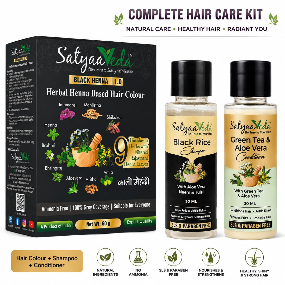 SatyaaVeda Natural Hair Colour Kit – Ammonia Free Herbal Hair Colour with 9 Ayurvedic Herbs (60g), 30ml Trial Packs - SLS & Paraben Free Black Rice, Aloe Vera, Neem & Tulsi Shampoo and Silicone & Sulphate Free Green Tea & Aloe Vera Conditioner