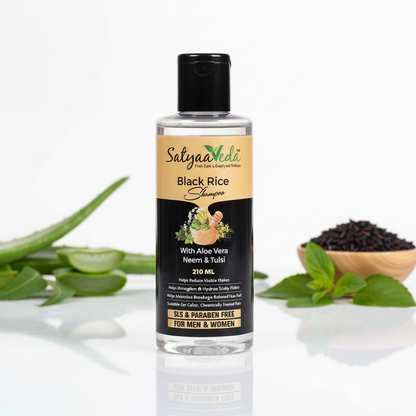 SatyaaVeda Black Rice Shampoo for Hair Fall Control & Anti Dandruff with Aloe Vera, Neem & Tulsi | Antioxidant Rich | SLS & Paraben Free | For Men & Women | 210 ml